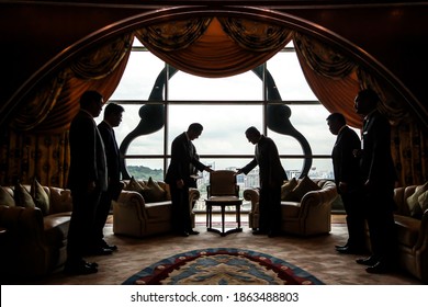 Former Malaysian Prime Minister, Tun Dr Mahathir Mohamad (3 From Left) Doing Welcome Sitting To Foreign Minister Of China, Wang Yi In Prime Minister Office, Putrajaya, Malaysia August 1, 2020