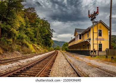 Former train depot at abandoned Thurmond ghost town during Autumn leaf color change at New River Gorge National Park, West Virginia. - Shutterstock ID 2105939690