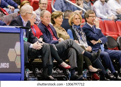 Former U.S. President George W. Bush And His Wife Laura Bush Attending The Basketball Game Between Lamar And SMU At Moody Coliseum On 11-27-2018. 