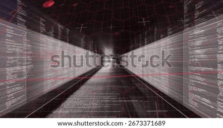 Forming data tunnel corridor in VR simulation, code panels with red grid and hex wireframe. Futuristic, cyberspace, digital, immersive, virtual, high-tech, abstract