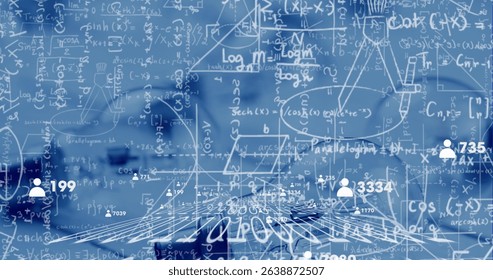 Forming digital network visualizing analytics in virtual data space, with formulas and user icons. Futuristic, abstract, geometric, data, technological, network, vibrant