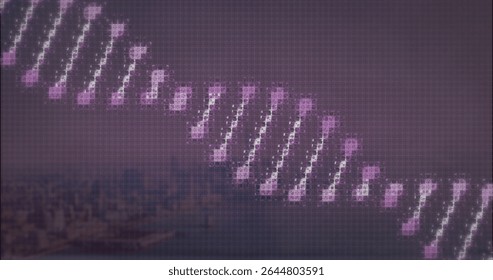 Forming DNA double helix in purple backdrop, glowing nodes, lines, pixel grid, waterfront skyline. Futuristic, technology, innovation, molecular, abstract, vibrant, digital art
