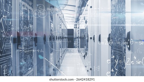 Forming parallel rows of server racks in data center, with network cables and overlaid formulas. Futuristic, technology, digital, infrastructure, cybersecurity, industrial, clean