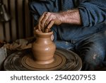 Forming the proper size and shape of pottery with increasing speed of a pottery wheel. Making a bowl on a pottery wheel with  own hands. Ceramics senior artist craftsman hands. Clay crafting close up,