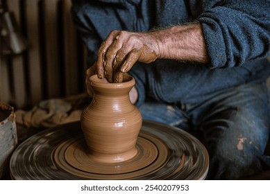 Forming the proper size and shape of pottery with increasing speed of a pottery wheel. Making a bowl on a pottery wheel with  own hands. Ceramics senior artist craftsman hands. Clay crafting close up, - Powered by Shutterstock