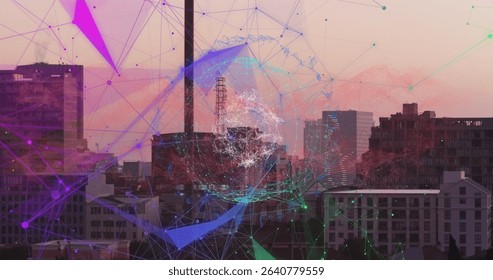 Forming translucent spherical network globe with nodes over city skyline at twilight, with antennas. Futuristic, connectivity, digital, architecture, innovation, urbanization, technology