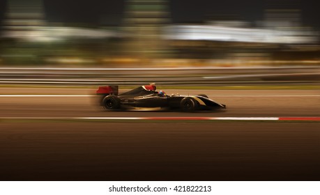  Formula 2.0 race car racing at high speed with motion blur on the background of the city in the dark