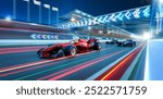 Formula one cars driving fast on a night track with motion blur. 3d rendering