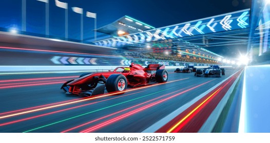 Formula one cars driving fast on a night track with motion blur. 3d rendering