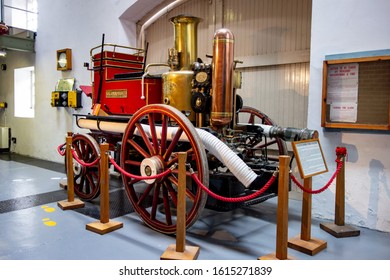 FORRES, SCOTLAND - AUGUST 7, 2019: Historical Glenlossie Fire Engine  As A Horse-drawn Vehicle Displayed At Museum In Dallas Dhu Distillery Which Produces Whiskey Alcohol