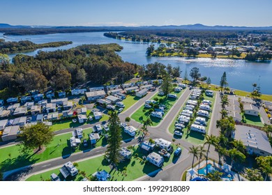 Forster-Tuncurry, NSW, Australia - June 14 2021 : Aerial View Over BIG4 Great Lakes Holiday Park At Tuncurry