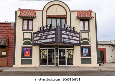 Forsyth, Montana - August 26, 2021: The Classic Sign Of The Historical Roxy Cinema Movie Theater