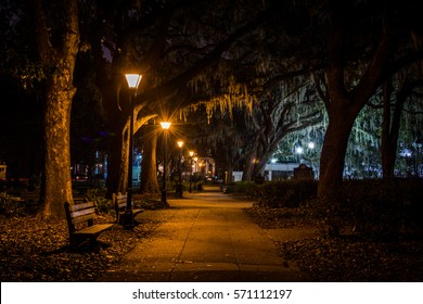 Forsyth Park In Savannah, Georgia At Night