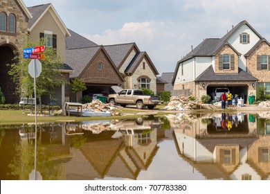Fort Bend County, Texas - September 2, 2017: Cleanup begins in Houston suburb Riverstone after hurricane Harvey and heavy floods. 