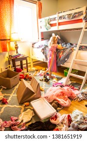 Fort Collins, Colorado - 4/13/2019:  A Four Year Old Girl In Her Messy Bedroom, Ft Colins