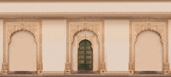 Fort, Colored Indian Door With Green Wood And White Stone, Wooden Green Door Entrance In Mehrangarh (Meherangarh) Fort, Jodhpur, Rajasthan, India. Ornate Brass Door Set In White Marble Frame,vintage.