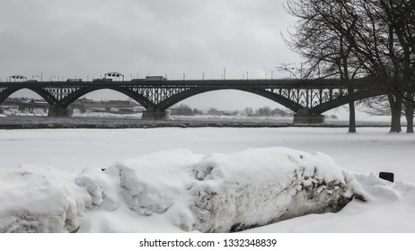 FORT ERIE CANADA - MARCH 4 2019:  The Peace Bridge between Canada and the United States at the east end of Lake Erie, Ontario of the Niagara River in winter. It connects Buffalo, New York, in the US