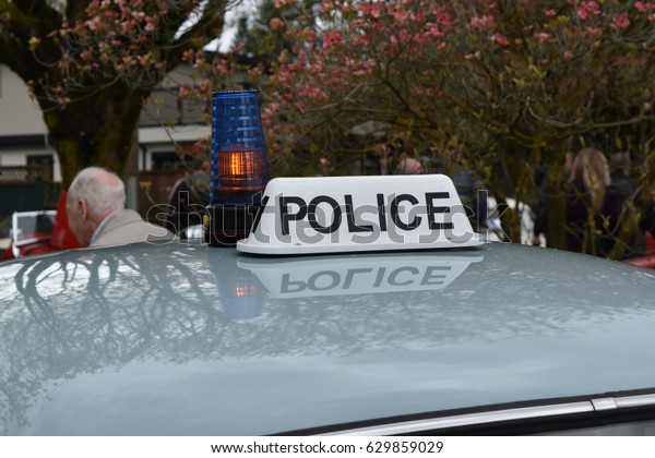 FORT LANGLEY, BC,\
CANADA  APRIL 23, 2017.  The Police light on a Morris Minor 1000\
Police \