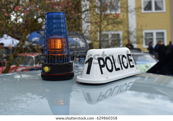 FORT LANGLEY, BC,\
CANADA  APRIL 23, 2017.  The Police light on a Morris Minor 1000\
Police \