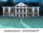 Fort Langley, British Columbia Canada, community hall of the very first settlement in BC. Night shoot after a snowfall.