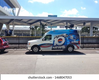 Fort Lauderdale, FL, USA - May 17, 2019: Outside Broadcast Van For ABC Affiliated WPLG Local 10 News TV Miami, Used To Transmit Live Feed News Coverage Parked In Front Of Brightline Train Station.