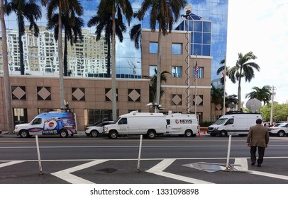 FORT LAUDERDALE, FLORIDA - MARCH:  Local And National TV Media Vans Surround The School Board Building As The School Board Members Vote On Keeping Superintendent Runcie As Seen On March 5, 2019.