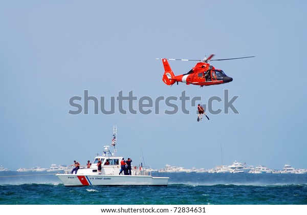 FORT LAUDERDALE, FLORIDA - MAY 7: US Coast Guard
helicopter & cutter demonstrate a sea rescue as part of the
2007 Fort Lauderdale Air and Sea Show on May 7,2007 in Fort
Lauderdale, Florida.