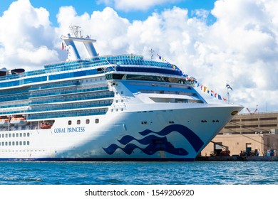 Fort Lauderdale, Florida/USA - November 02, 2019: Cruise Ship Coral Princess Was Custom Built To Navigate The Historic Panama Canal. Cruise Liner In Port Everglades, Florida.