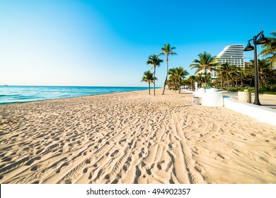 Fort Lauderdale  South Florida beach with no one on it on beautiful blue sky morning with hotels in background