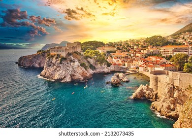 Fort Lovrijenac from the top walls of Dubrovnik city of Croatia. Looking Fort Lovrijenac fortress, over the West Harbour. Dubrovnik historic city of Croatia in Dalmatia. UNESCO World Heritage Site. - Shutterstock ID 2132073435