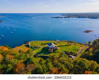 Fort McClary aerial view in fall on Piscataqua River at Portsmouth Harbor, with Fort Constitution at the background across the river in Kittery Point, town of Kittery, Maine ME, USA. 
