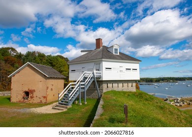 Fort McClary blockhouse in fall on Piscataqua River at Portsmouth Harbor in Kittery Point, town of Kittery, Maine ME, USA. 