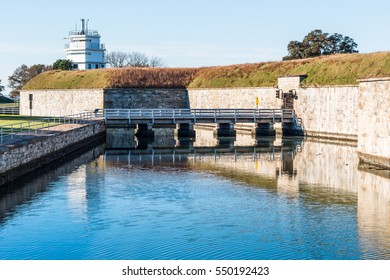 Fort Monroe fortress with bridge and moat in Hampton, Virginia.  