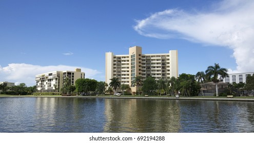 Fort Myers Beach bay side skyline view as seen from the water. 