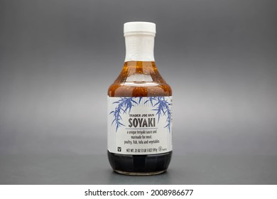 Fort Myers, FL, USA - 7-15-21: A Bottle Of Trader Joe's San Soyaki Sauce A Unique Teriyaki Sauce And Marinade For Meat, Poultry, Fish, Tofu, And Vegetables. 