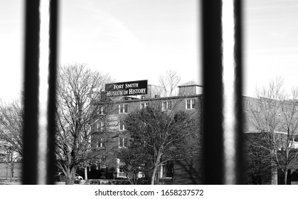 Fort Smith, AR/USA-2/8/2020: View Of Fort Smith Museum Of History Taken From Behind The Bars Of The Gallows At The National Historic Site