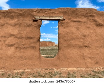 Fort Union National Monument in New Mexico. Preserves fort's adobe ruins along Santa Fe Trail. Window in adobe wall. 