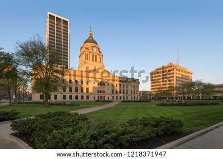 FORT WAYNE, INDIANA, USA - OCTOBER 29, 2018: Exterior of the Allen County Courthouse on South Calhoun Street in Fort Wayne