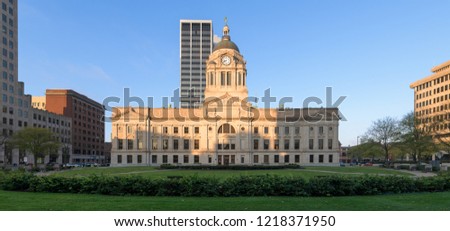 FORT WAYNE, INDIANA, USA - OCTOBER 29, 2018: Panorama of the exterior of the Allen County Courthouse on South Calhoun Street in Fort Wayne
