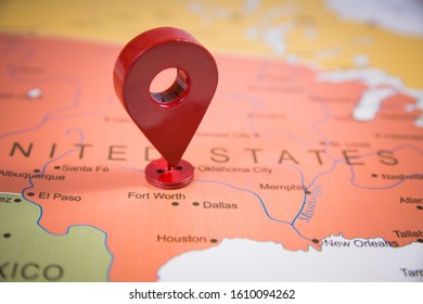 Fort Worth Dallas City In Focus On United States Of America Map With A Location GPS Icon World Map