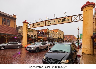 Fort Worth, NOV 27 2021, Rainy view of the entrance of Fort Worth Stock Yards