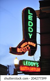 Fort Worth, Teas, USA, - March. 24. 2012: Cowboy boots store neon sign, at Fort Worth Stockyards Historic District, former livestock market, now main tourist attraction in Fort Worth, TX