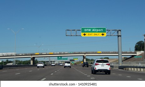 Fort Worth, Texas - MAY 20, 2019:Highway road towards DFW Airport with light traffic.