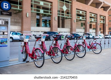 Fort Worth, Texas, USA - March 27th, 2022: Bike Sharing Station In Tarrant County College, Trinity River Campus