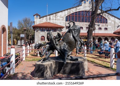 Fort Worth, Texas, USA - March 19, 2022: The statue of Bill Pickett in front of Cowtown Coliseum in the Fort Worth Stockyards, Texas, USA. The Fort Worth Stockyards is a National Historic District.