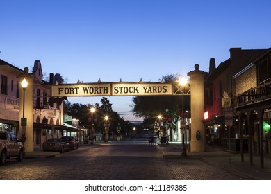 FORT WORTH, TX, USA - APR 6, 2016: Street in the Fort Worth Stockyards historic district illuminated at dusk. Texas, United States