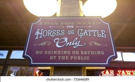 FORT WORTH, TX, USA - December 21, 2015: Fountain sign in Fort Worth Stockyards. Fort Worth is a national historical district known for its role in the livestock industry of the USA. 
