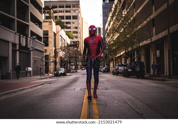 FORT WORTH, UNITED STATES - Apr 27, 2022: A\
Spiderman in downtown Fort Worth,\
Texas