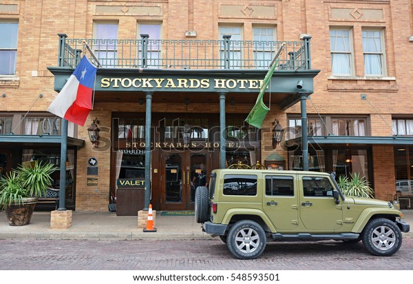 FORT\
WORTH, USA - APR 18, 2016: Historic Hotel in the Fort Worth\
Stockyards historic district. Texas, United\
States