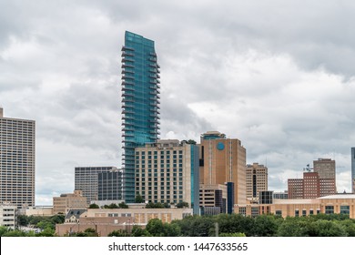 Fort Worth, USA - June 7, 2019: City In Texas With Cityscape Skyline And Cloudy Day And Office Buildings Towers